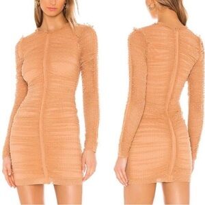 NWT Revolve NBD Las Olas Rouched Nude Tan Long Sleeve Bodycon Mini Dress Medium